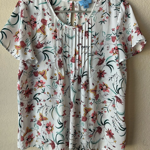 Cato Tops - Cato Floral Print Blouse - Pink, Green, Yellow on White